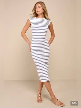 Lulus Striped Sleeveless Midi Dress - White & Navy
